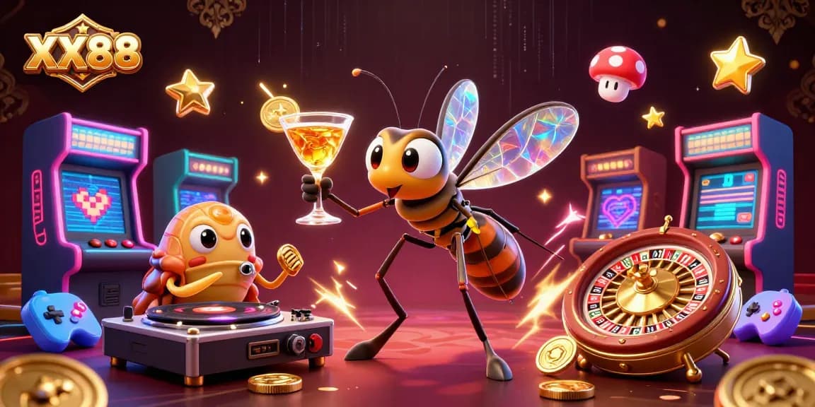 Experience the excitement of XX88 casino with vibrant characters and dynamic game elements in a lively 3D scene.