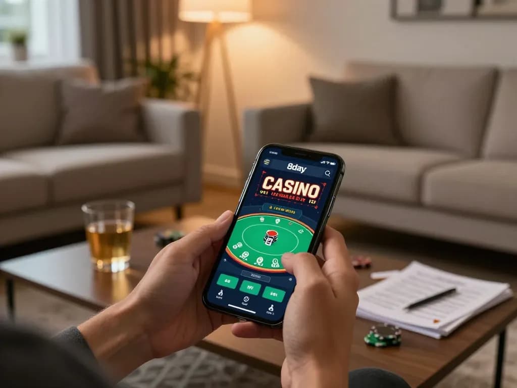 Player engaging with the 8day app on mobile, showcasing poker gameplay in a cozy home setup.