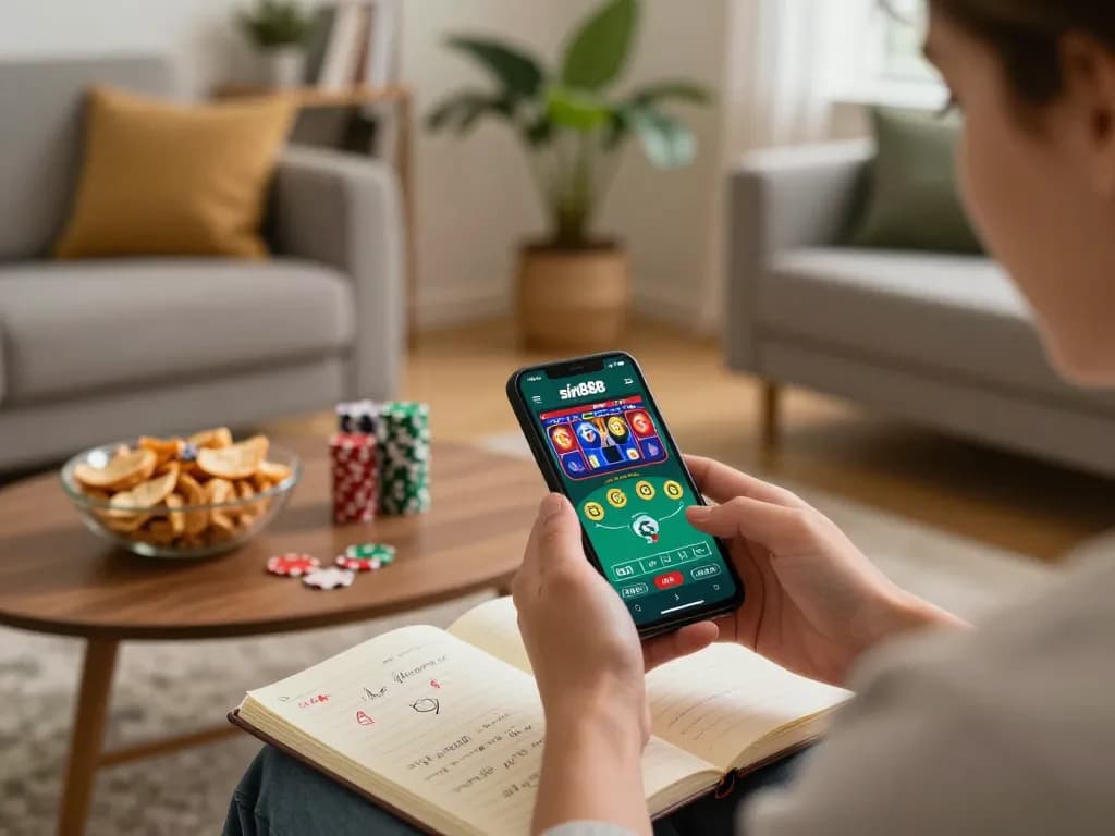 Player using sin888 casino app on smartphone in cozy home setting, showcasing strategic gambling atmosphere.