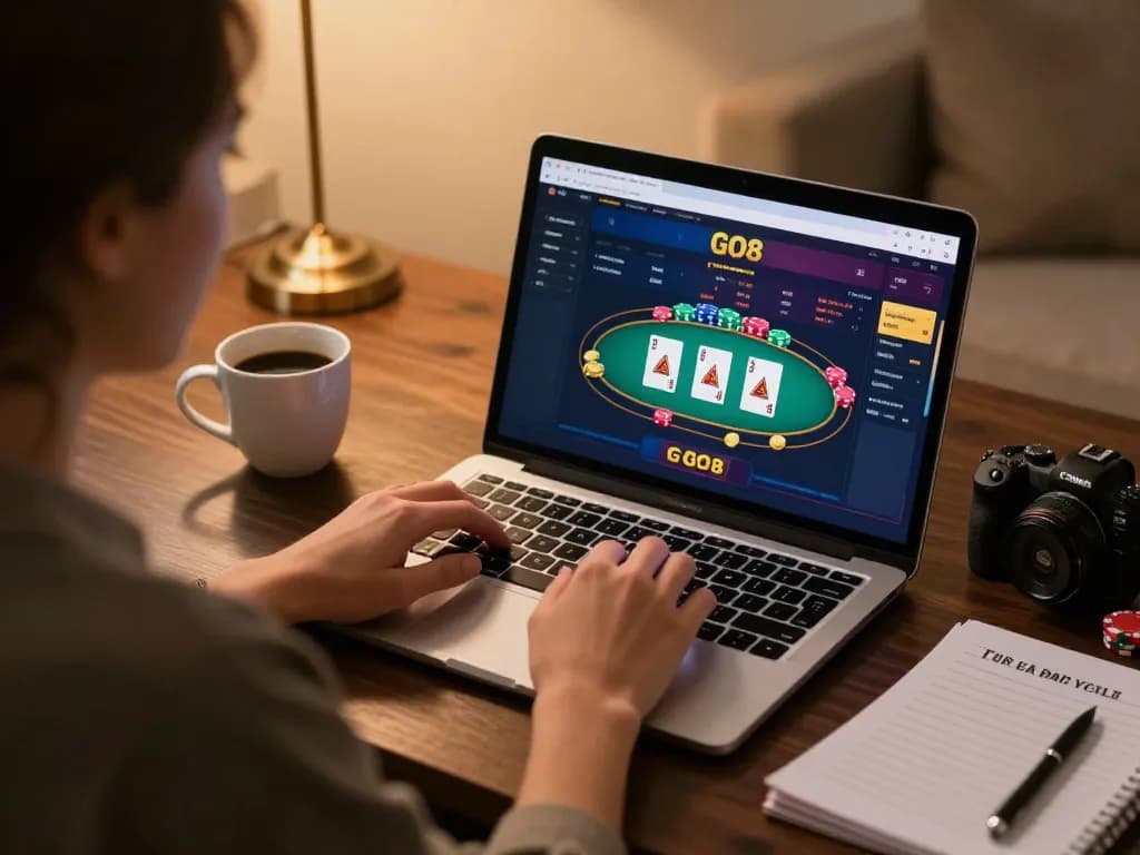 Engaging in strategic online poker gameplay at GO8 with a stylish setup.