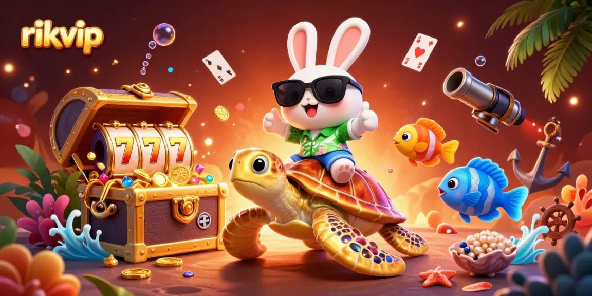 Experience exciting gameplay at rikvip with a lucky rabbit and golden sea turtle in this vibrant casino scene.