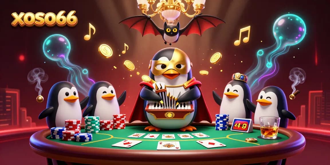 Xoso66 showcases a 3D cartoon phantom penguin playing organ, winning big with golden coins and poker elements.