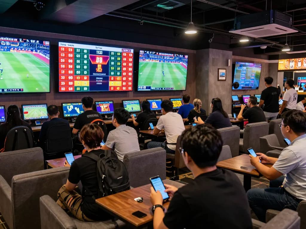 Tỷ lệ kèo nhà cái displayed on screens in a lively sports betting lounge with fans engaging.