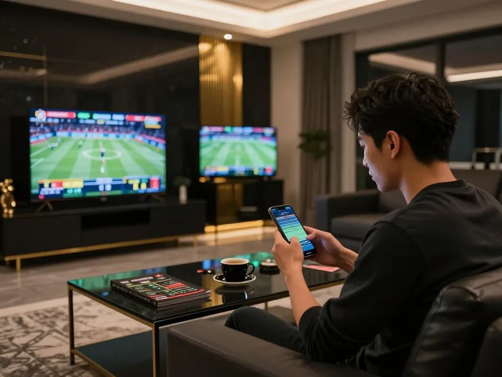 Bet on sports with 555win in a modern living room setup, showcasing dynamic betting screens and comfortable atmosphere.