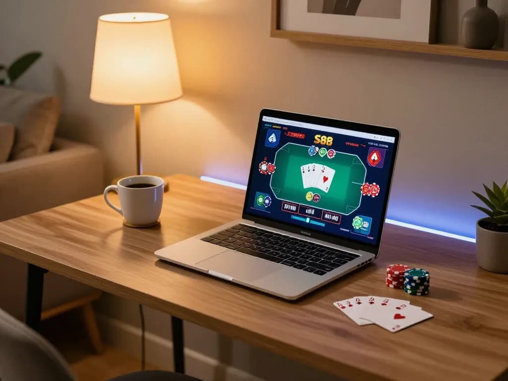 S88 online gaming setup with vibrant poker interface and cozy home atmosphere