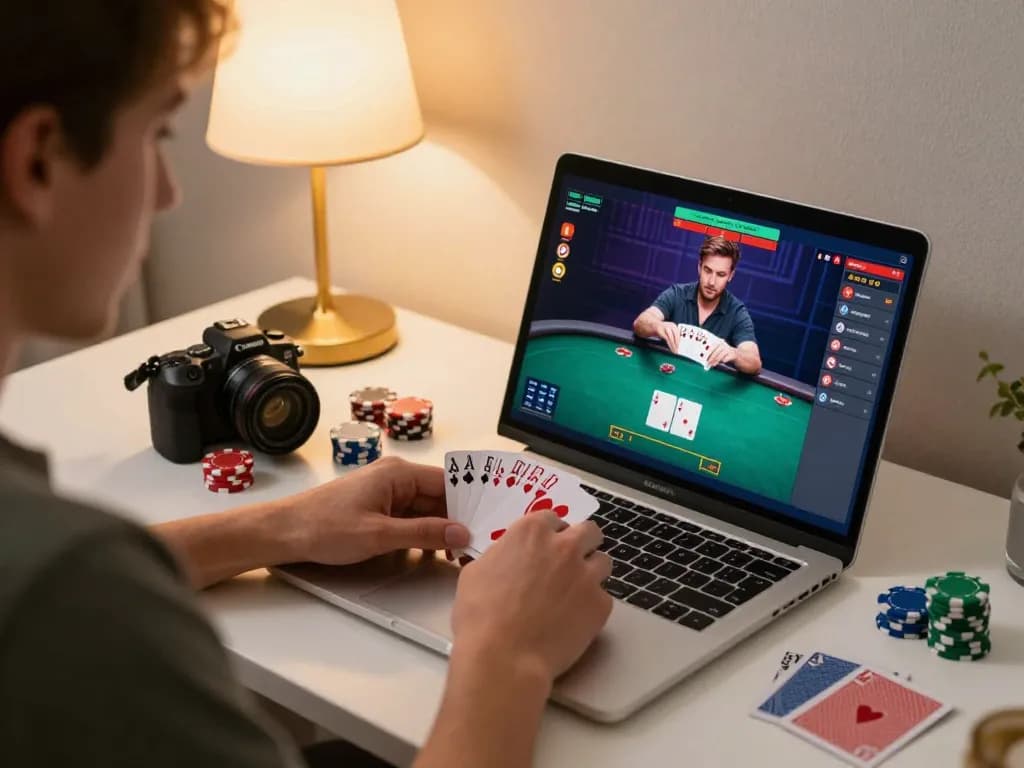 Vin88 player strategizing during an exciting online poker game at home, showcasing cards and chips.