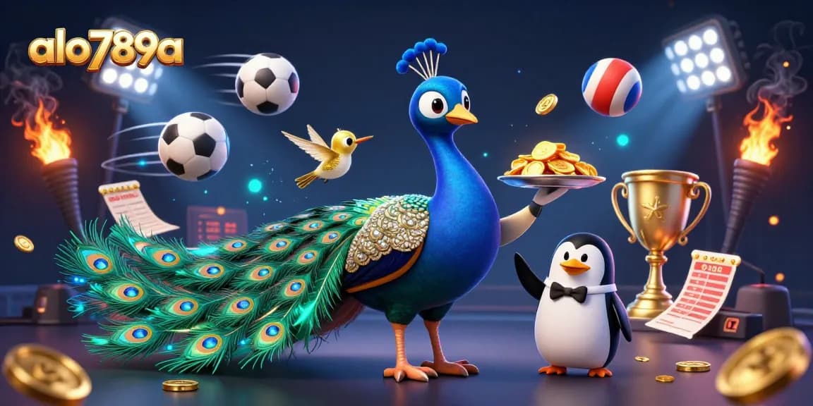 Alo789a showcases a vibrant and dynamic scene featuring an aristocratic peacock and a butler penguin amidst a lively gambling atmosphere.