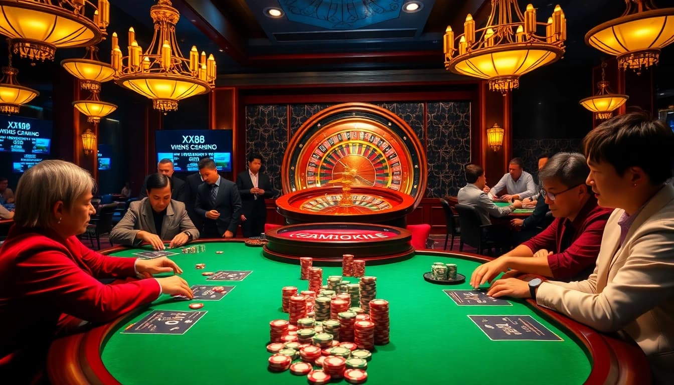 Engage with link xx88 at a vibrant casino poker table surrounded by eager players and exciting games.