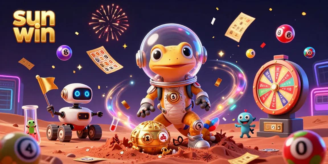 Experience sun win excitement with a Martian gecko discovering a golden casino amidst vibrant casino elements.