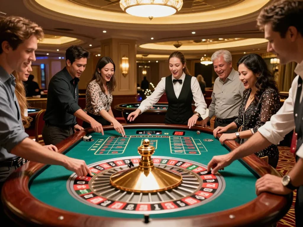 Exciting gameplay at ok365 com as players spin the roulette wheel in a luxurious casino setting.