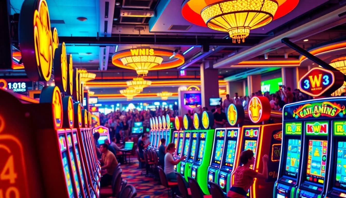 Experience the excitement of rr88 gratis with colorful slot machines and enthusiastic players in a casino.