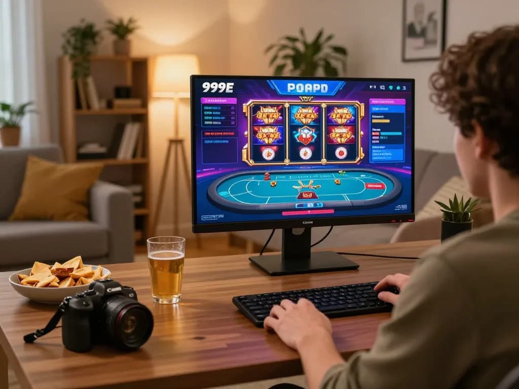 Engaging gameplay scene on the 999E mobile app with vibrant slots and poker tables in a cozy home atmosphere.