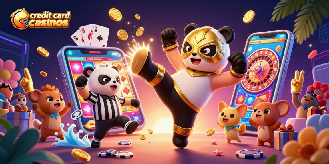 Experience the excitement of credit card casinos with a dynamic panda wrestler and vibrant gaming elements.
