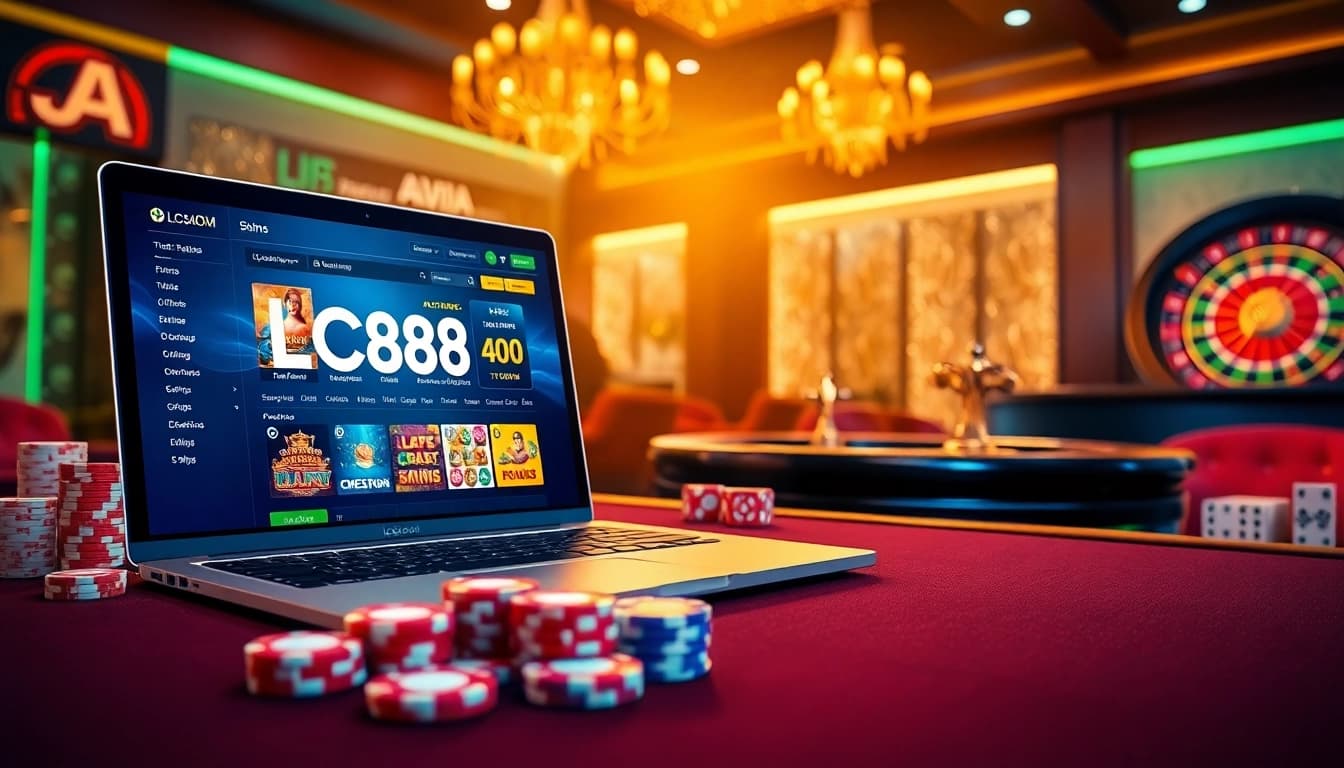Experience the excitement of LC88 COM in a luxurious online casino setting with poker chips and gaming tables.
