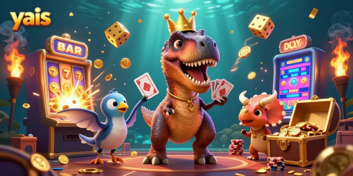 Engage with thrilling gameplay at yais featuring a T-Rex shuffling cards and vibrant casino elements.