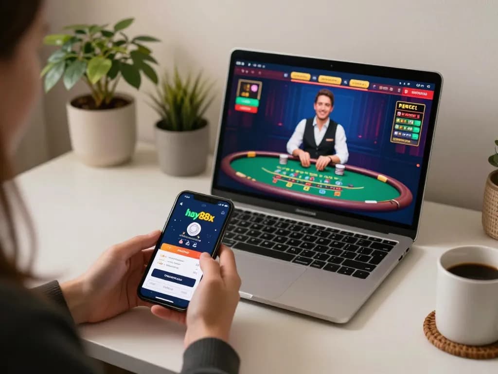 Engaging player experiencing hay88x online casino on smartphone, atmosphere of excitement and strategy