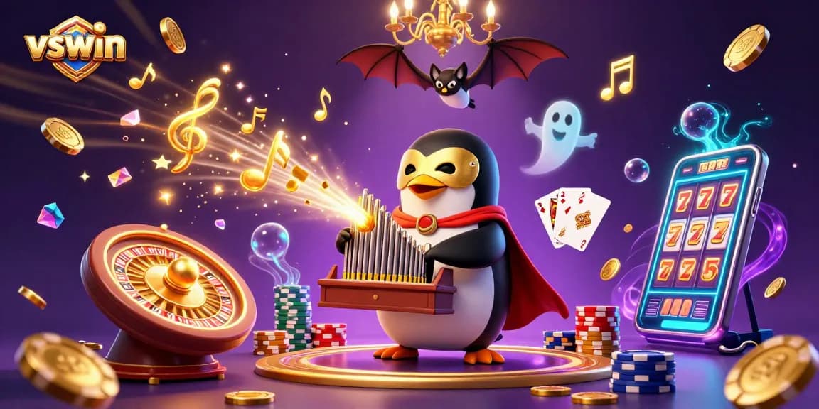 Experience winning with vswin in a vibrant 3D casino illustration full of action.