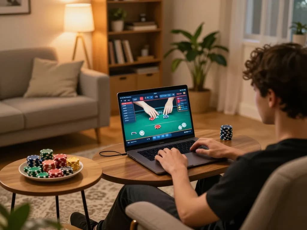 Engaging in online gaming on iwin with poker strategies visible on screen.
