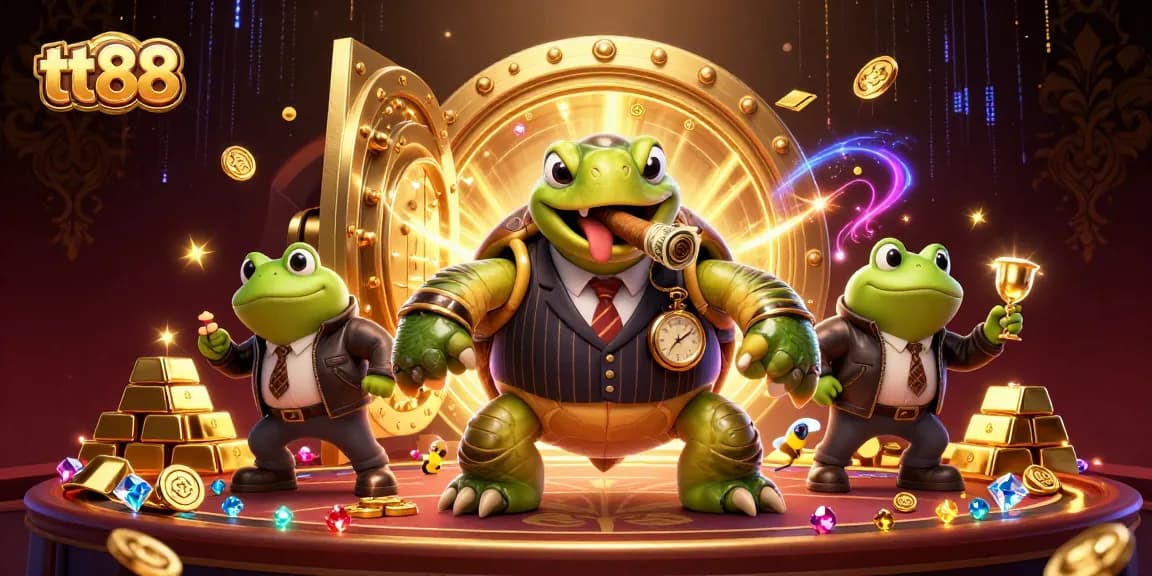 Get ready to win at tt88 with this vibrant casino scene featuring a turtle mobster and bullfrog enforcers.