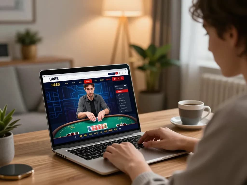 Player engaging with the u888 online casino platform from a cozy home setup, focused on gaming strategy.