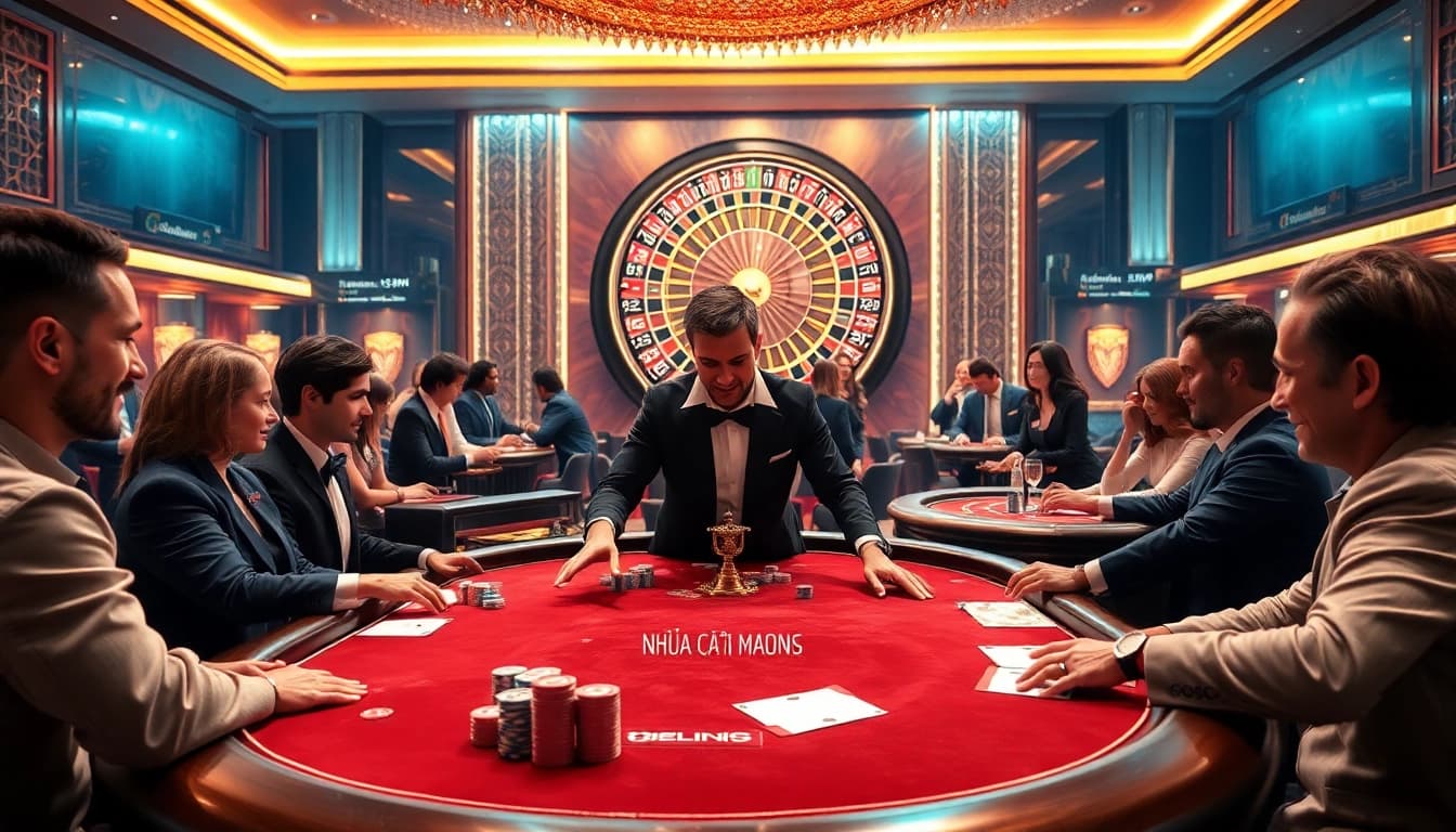Engaging scene at nhà cái 9bet with players at a professional poker table, showcasing excitement and luxury.
