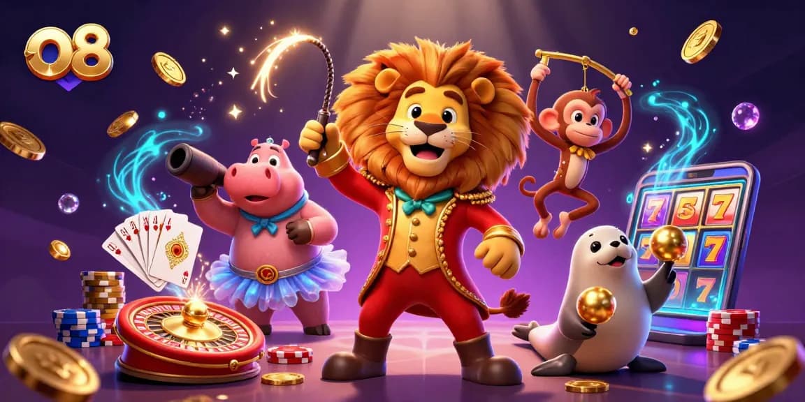 Engage with o8's vibrant casino world featuring a lion ringmaster, gem stones, and a roulette wheel.