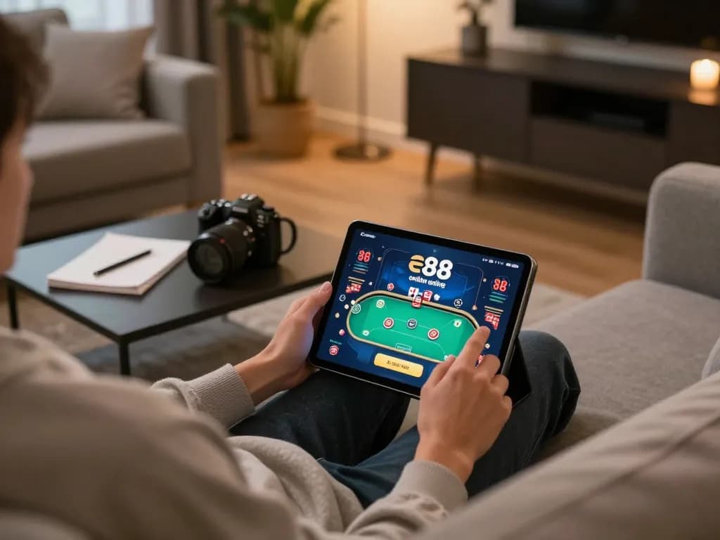 Engaging with the ee88 online casino app on a tablet in a cozy living room setting