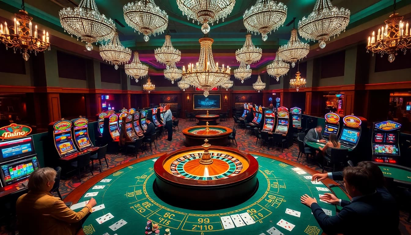 SODO casino scene with players at roulette, poker tables, and slot machines, showcasing excitement and luxury.