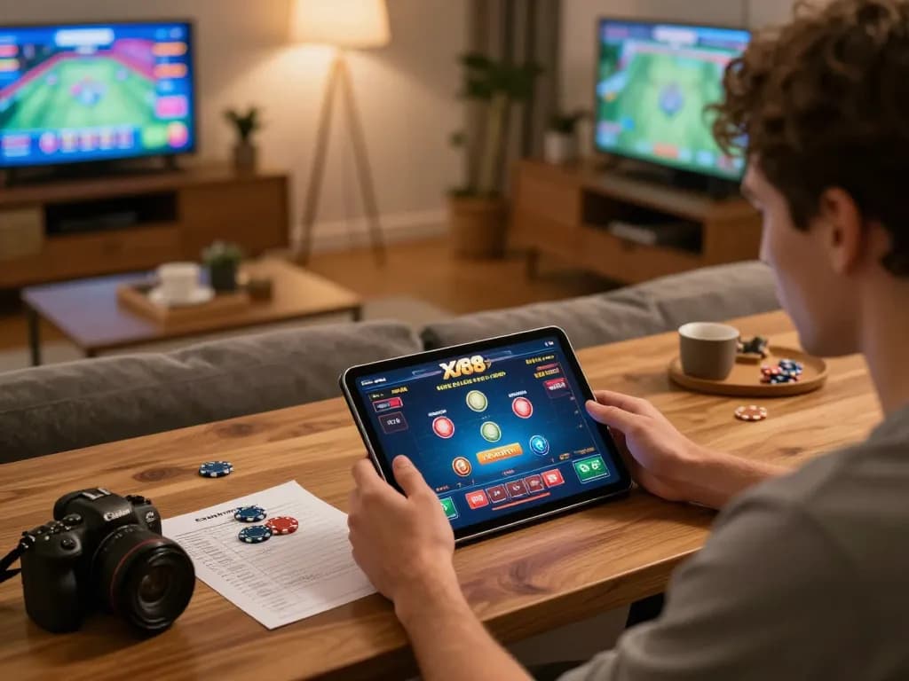 Player engaged in online gaming at XX88 with strategy notes and tablet interface visible.