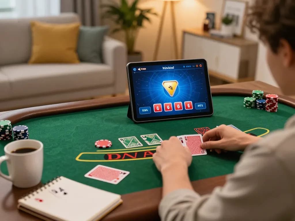 11bet player engaging in live dealer blackjack on tablet, showcasing online gambling strategy and comfort.