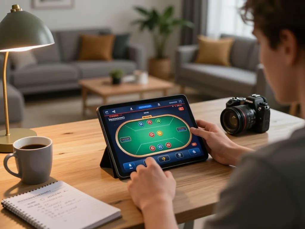 Engaged player using https://www.atqvn.com/ tablet for online poker in a cozy home setting, showcasing responsible gaming.