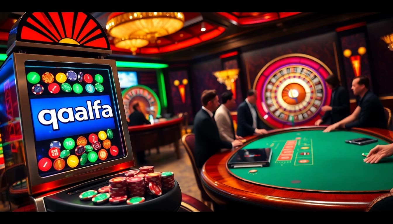 Engaging 'qqalfa' themed slot machine amidst an exciting casino atmosphere.