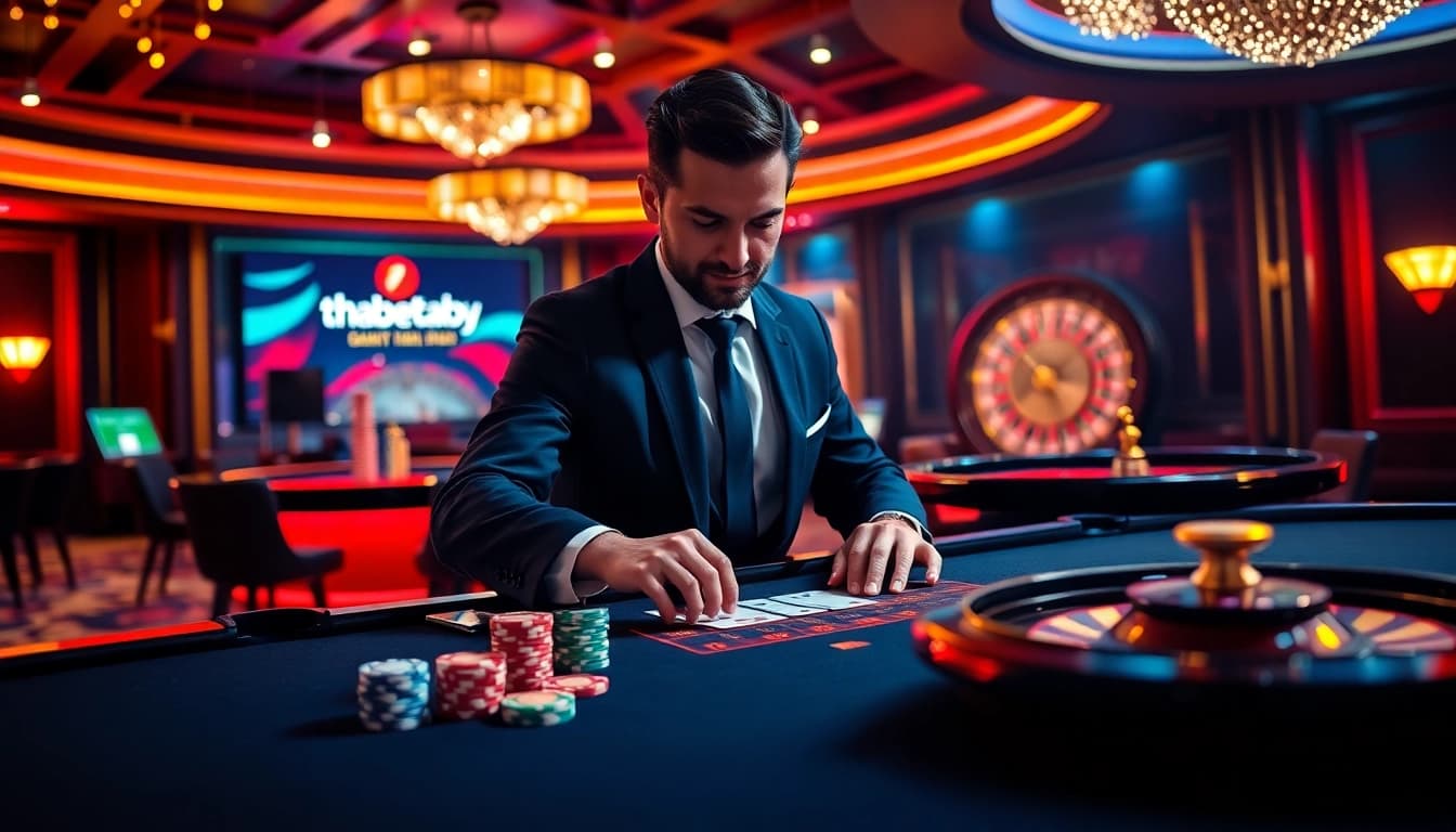 Players enjoying a high-stakes game at thabet.baby casino, surrounded by vibrant poker chips and cards.