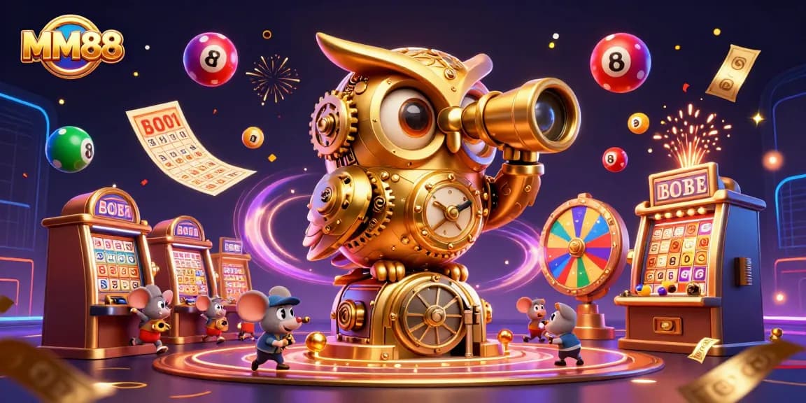 Exciting MM88 scene showing a golden owl overseeing vibrant lottery balls and a festive casino atmosphere.