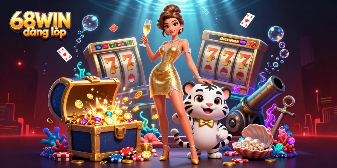 Experience a thrilling 68WIN đăng nhập session with a glamorous woman and lucky tiger cub in a vibrant casino scene.