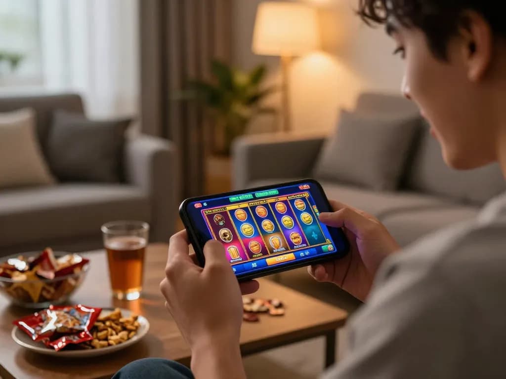 Engaged player using the mobile app pucuk138 for an exciting online slots experience in a cozy home.