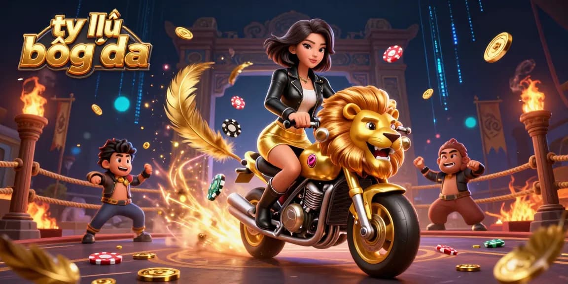 Bet on tỷ lệ bóng đá with an exciting scene showcasing a glamorous Asian woman riding a golden lion in an electrifying atmosphere.