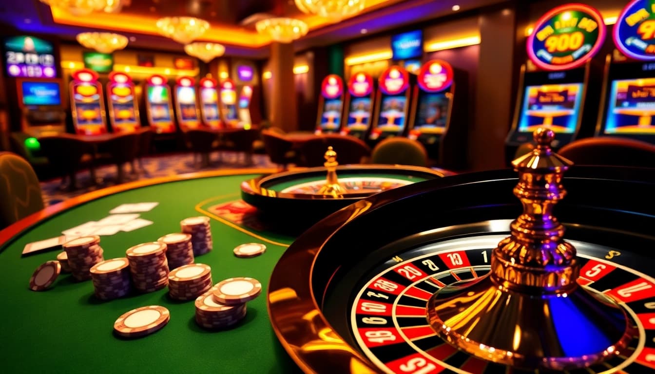 Scene of 789winn poker table with chips and roulette, evoking thrilling casino excitement.