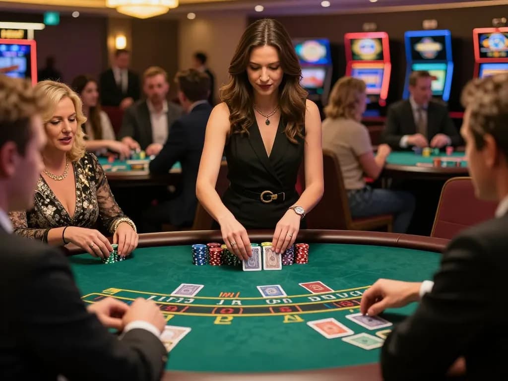 33WIM players strategizing over a high-stakes blackjack game at a glamorous casino table.