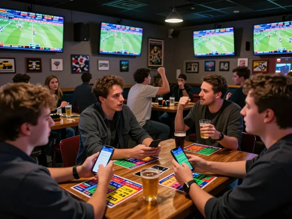 Fans placing bets on alo8 during a live sports event in a lively sports bar.