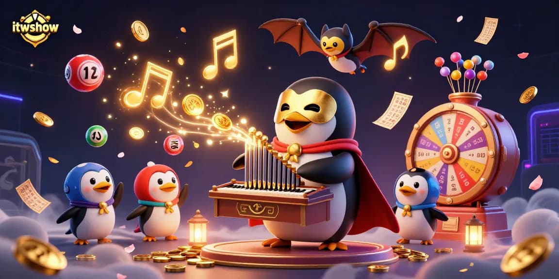 itwshow captures the thrill of winning with vibrant lottery elements and a dynamic penguin character entertaining players.