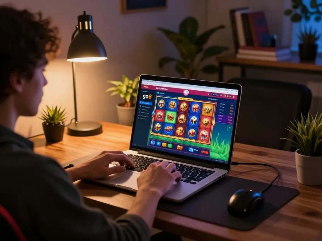 Engaging with go8 gaming on a laptop at home for thrilling online casino experience.