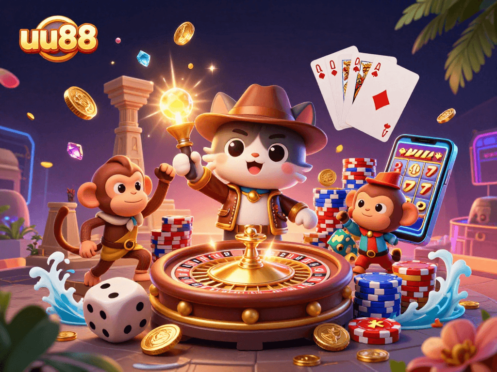 uu88 showcases a vibrant casino adventure featuring a cat explorer discovering treasures with dynamic game elements.