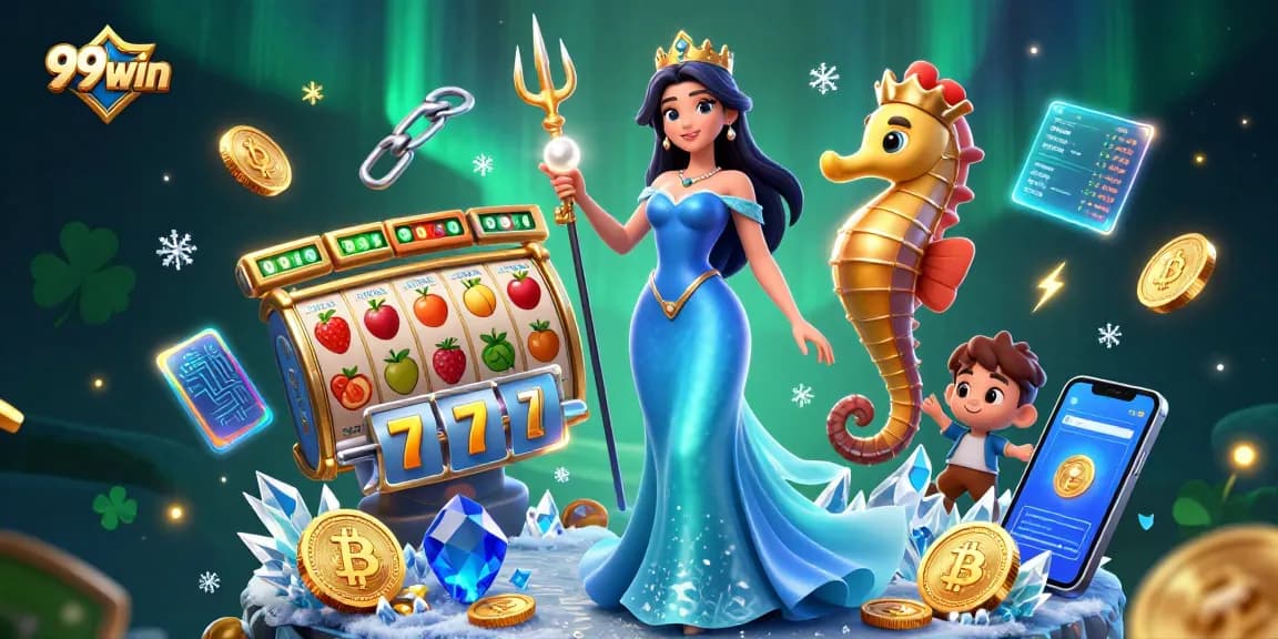 Spin to win with 99win: a stunning 3D scene of a casino goddess and seahorse king amidst slot reels.