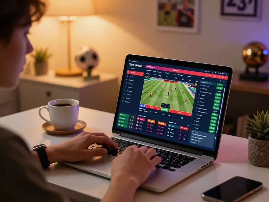 Exciting online sports betting scene featuring keonhacai5 interface on a laptop with live odds, person engaged in wagering