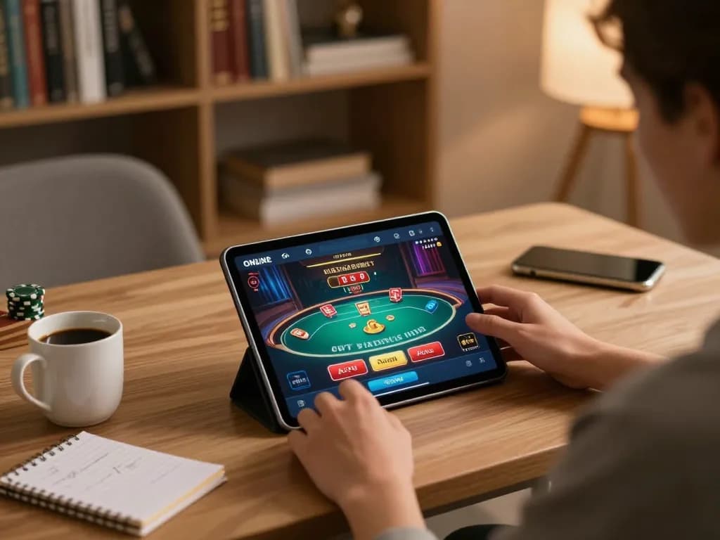 Experience online gaming with 88clbgo in a cozy home setup featuring a tablet and poker game.