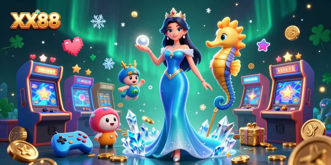 Spin and win at XX88 with a dazzling underwater casino adventure, featuring a glowing pearl and vibrant arcade elements.