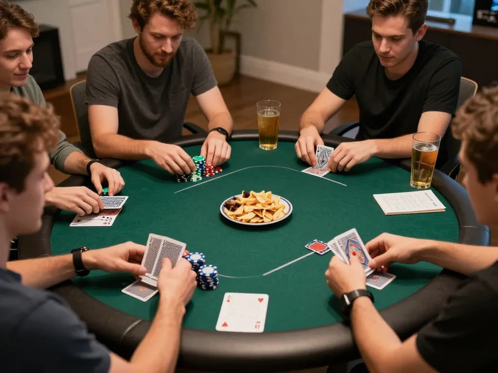 Friends playing poker at home, showcasing the Website da88 gaming atmosphere with strategy notes and snacks.