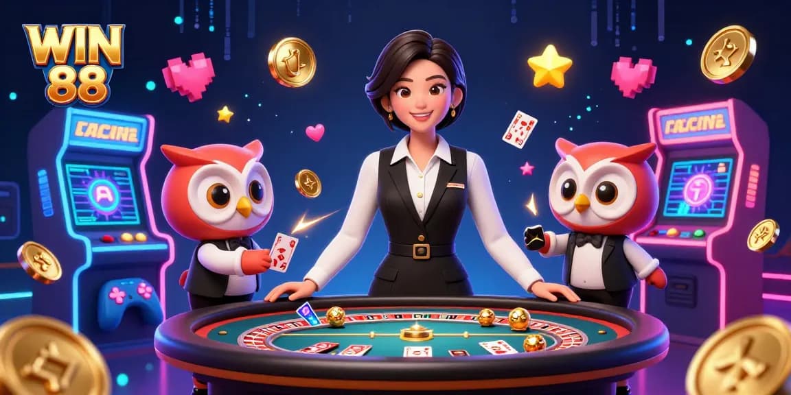 Experience casino excitement with WIN 88, featuring 3D dealers and vibrant gaming elements.