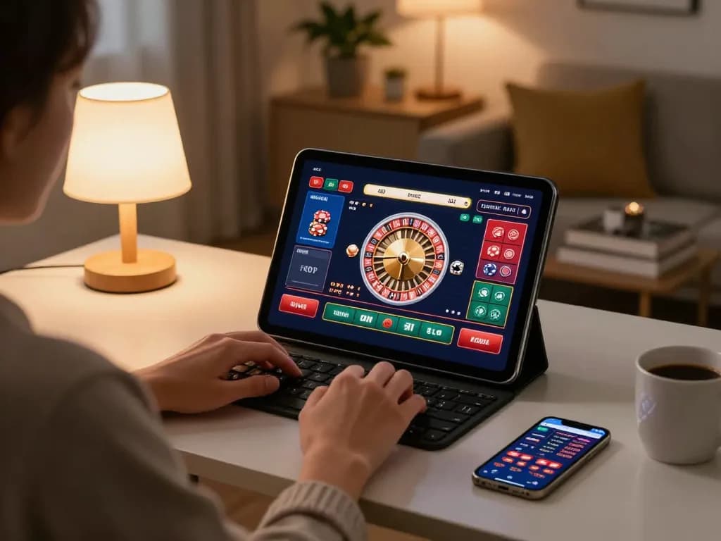 Engaging in live casino games on 23winn with a tablet and smartphone in a stylish home setup